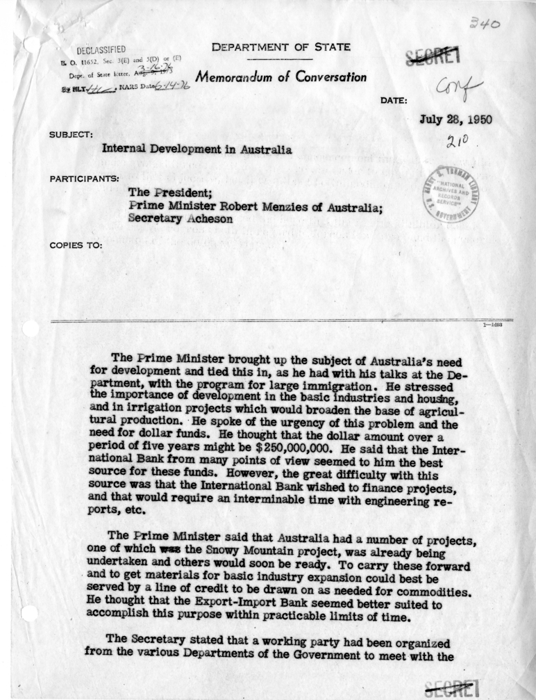 Memorandum of Conversation with President Harry S. Truman and Prime Minister Robert Menzies of Australia