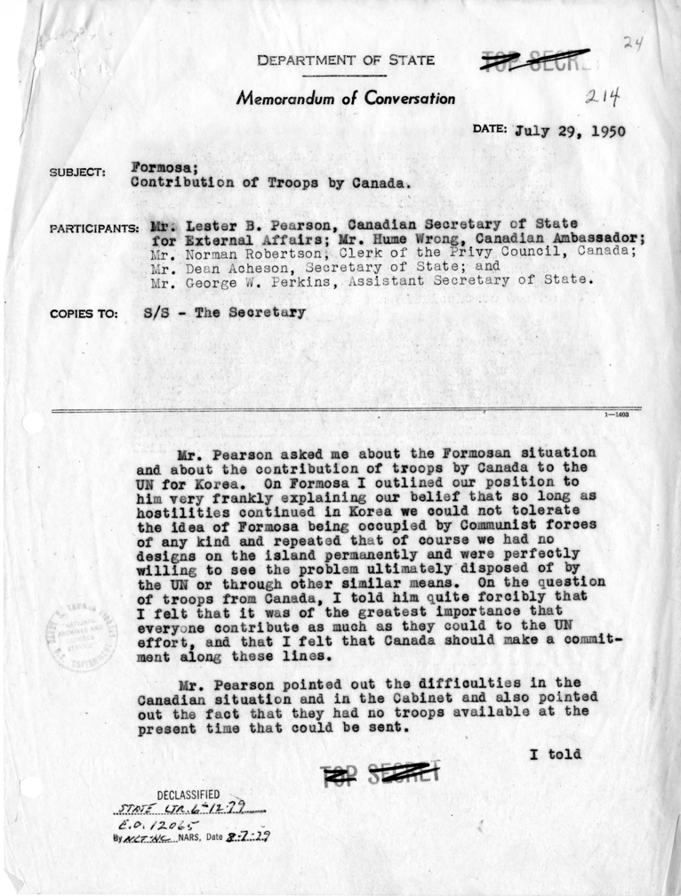 Memorandum of Conversation with Lester B. Pearson, Canadian Secretary of State for External Affairs; Hume Wrong, Ambassador of Canada; Norman Robinson, Clerk of the Privy Council, Canada; and George W. Perkins, Assistant Secretary of State