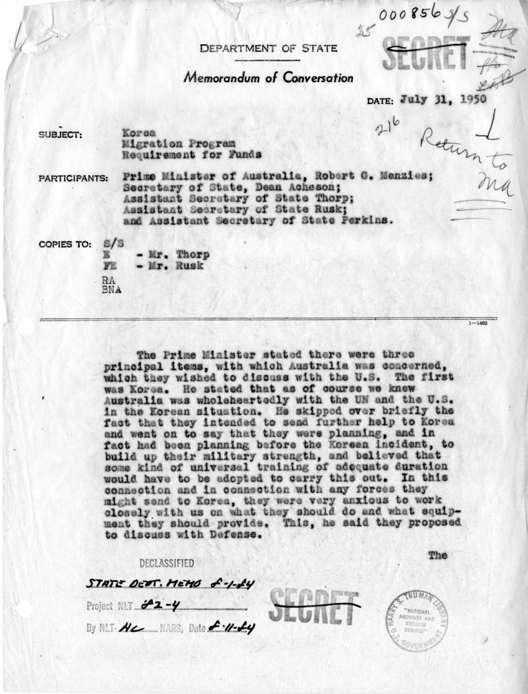 Memorandum of Conversation with the Prime Minister of Australia, Robert G. Menzies, Willard Thorpe, Dean Rusk, and George W. Perkins