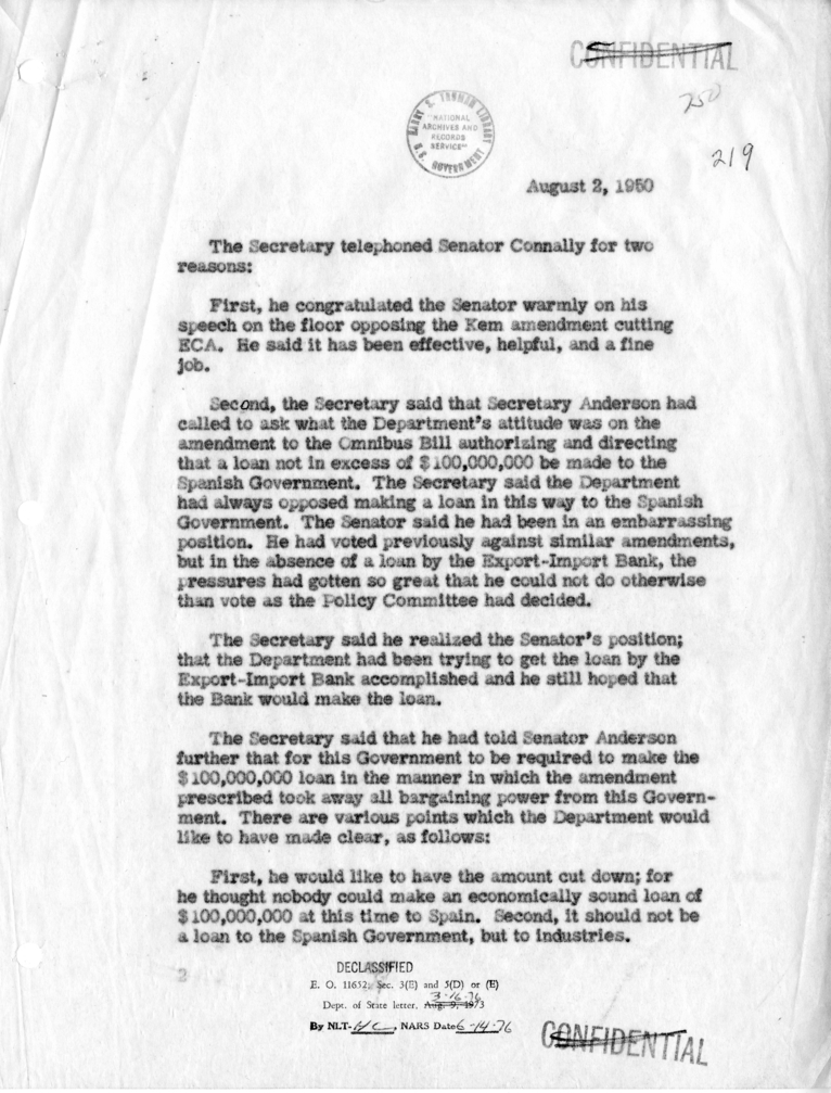 Memorandum of Telephone Conversation with Senator Tom Connally