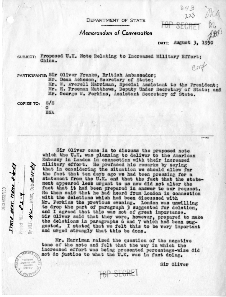 Memorandum of Conversation with the Ambassador of Great Britain, Sir Oliver Franks, W. Averell Harriman, H. Freeman Matthews, and George W. Perkins