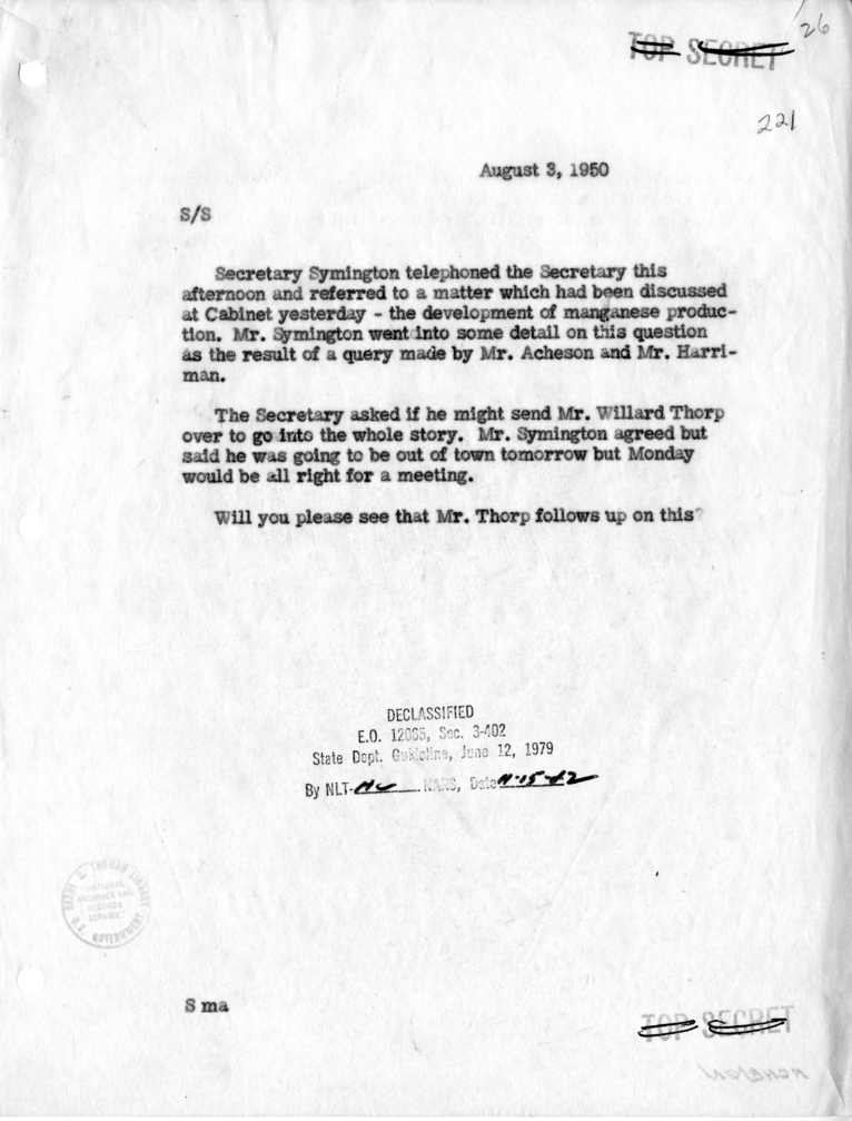 Memorandum of Telephone Conversation with Secretary of the Air Force Stuart Symington