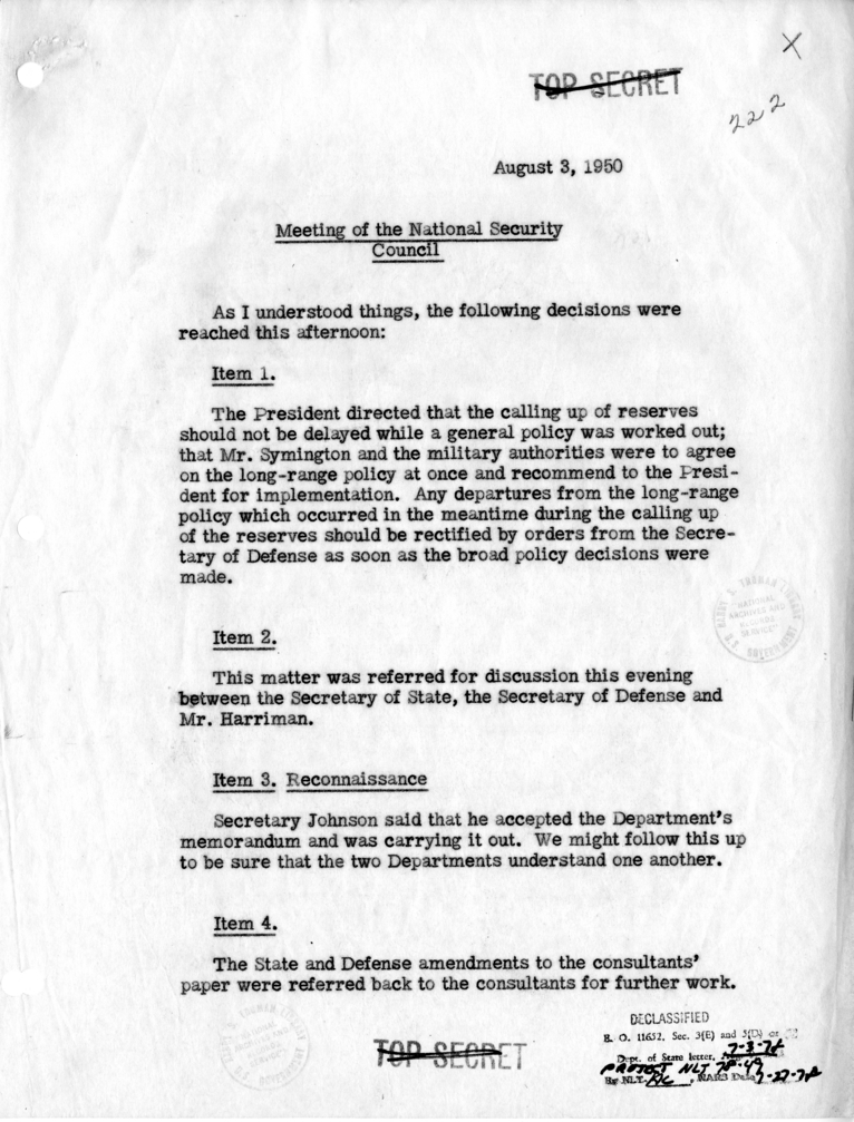 Memorandum of Meeting of the National Security Council