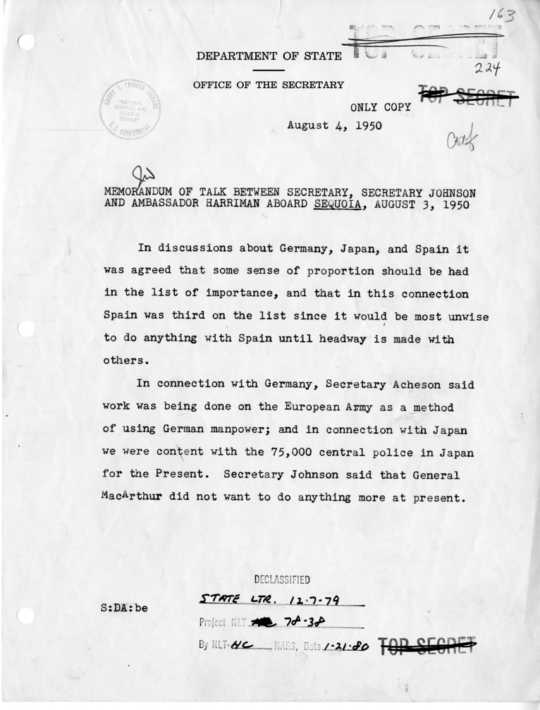 Memorandum of Conversation with Secretary of Defense Louis Johnson and Ambassador W. Averell Harriman