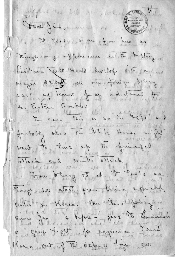 Handwritten Letter, Dean Acheson to James Webb