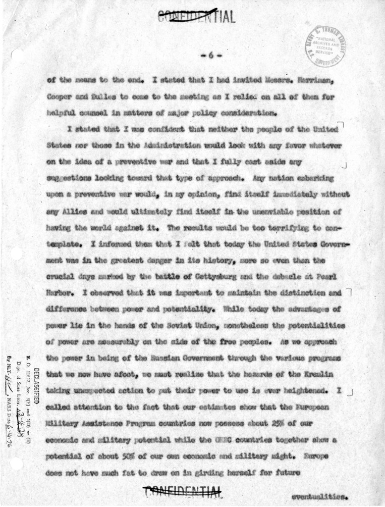 Memorandum of Conversation with W. Averell Harriman, John Foster Dulles, Mr. Cooper and Jack McFall; Senators Estes Kefauver, Edward Thye, John Sparkman, Robert Hendrickson, and William Fulbright; and Representatives James Wadsworth, Thomas H. Boggs, Robe