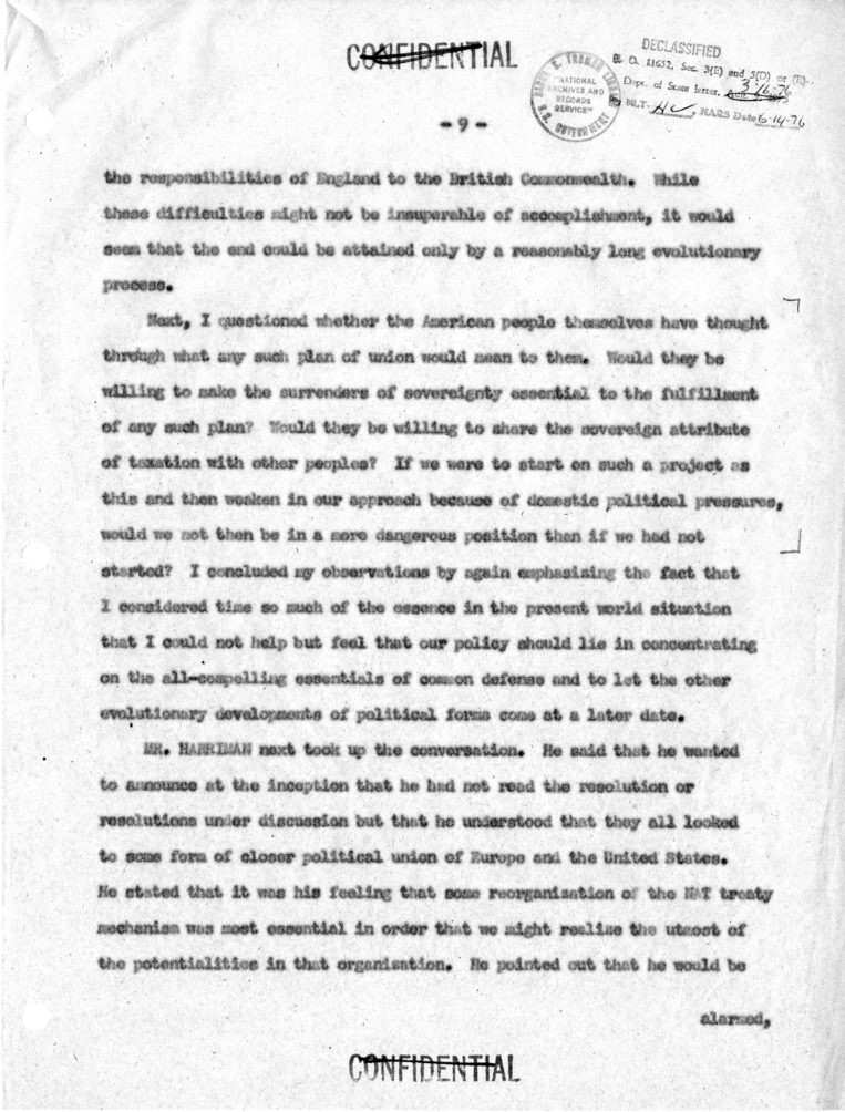 Memorandum of Conversation with W. Averell Harriman, John Foster Dulles, Mr. Cooper and Jack McFall; Senators Estes Kefauver, Edward Thye, John Sparkman, Robert Hendrickson, and William Fulbright; and Representatives James Wadsworth, Thomas H. Boggs, Robe