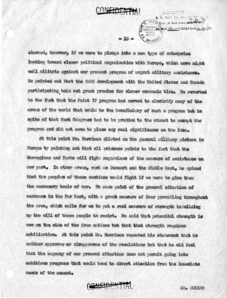 Memorandum of Conversation with W. Averell Harriman, John Foster Dulles, Mr. Cooper and Jack McFall; Senators Estes Kefauver, Edward Thye, John Sparkman, Robert Hendrickson, and William Fulbright; and Representatives James Wadsworth, Thomas H. Boggs, Robe