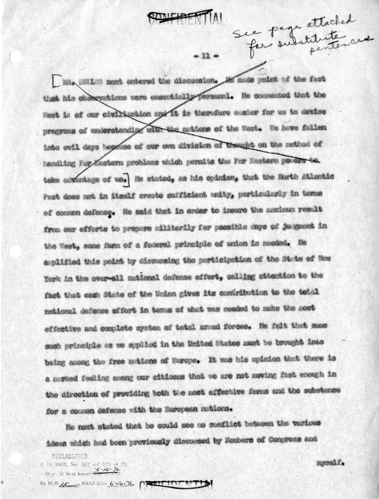 Memorandum of Conversation with W. Averell Harriman, John Foster Dulles, Mr. Cooper and Jack McFall; Senators Estes Kefauver, Edward Thye, John Sparkman, Robert Hendrickson, and William Fulbright; and Representatives James Wadsworth, Thomas H. Boggs, Robe