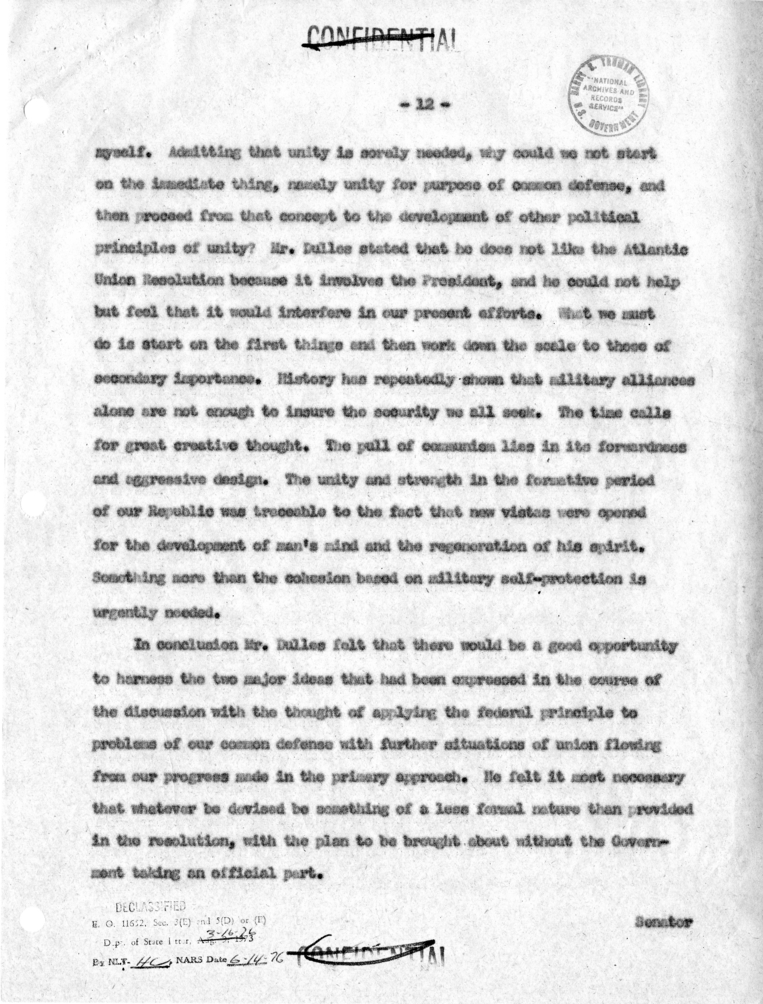 Memorandum of Conversation with W. Averell Harriman, John Foster Dulles, Mr. Cooper and Jack McFall; Senators Estes Kefauver, Edward Thye, John Sparkman, Robert Hendrickson, and William Fulbright; and Representatives James Wadsworth, Thomas H. Boggs, Robe