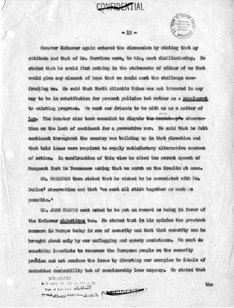 Memorandum of Conversation with W. Averell Harriman, John Foster Dulles, Mr. Cooper and Jack McFall; Senators Estes Kefauver, Edward Thye, John Sparkman, Robert Hendrickson, and William Fulbright; and Representatives James Wadsworth, Thomas H. Boggs, Robe