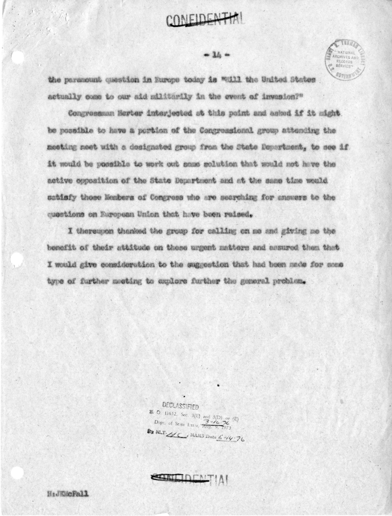 Memorandum of Conversation with W. Averell Harriman, John Foster Dulles, Mr. Cooper and Jack McFall; Senators Estes Kefauver, Edward Thye, John Sparkman, Robert Hendrickson, and William Fulbright; and Representatives James Wadsworth, Thomas H. Boggs, Robe