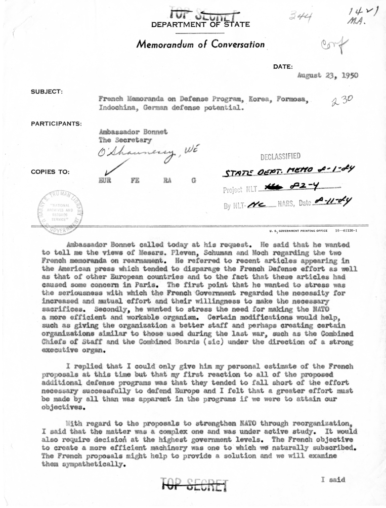 Memorandum of Conversation with Ambassador Henri Bonnet of France and Elim O'Shaughnessy