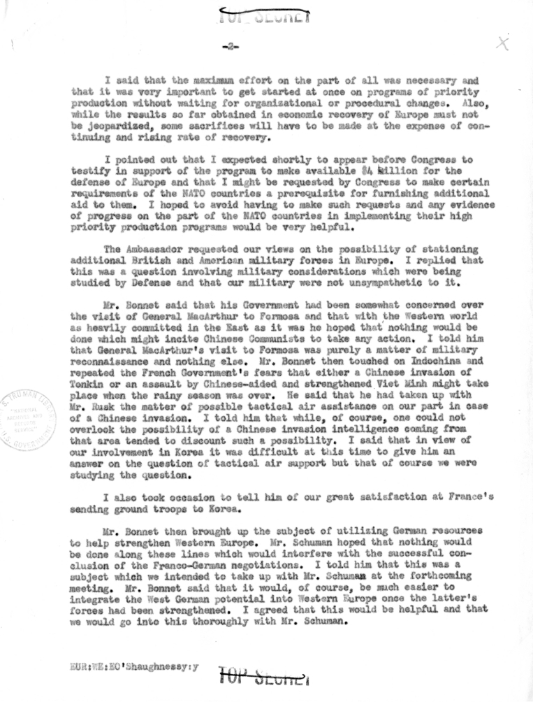 Memorandum of Conversation with Ambassador Henri Bonnet of France and Elim O'Shaughnessy