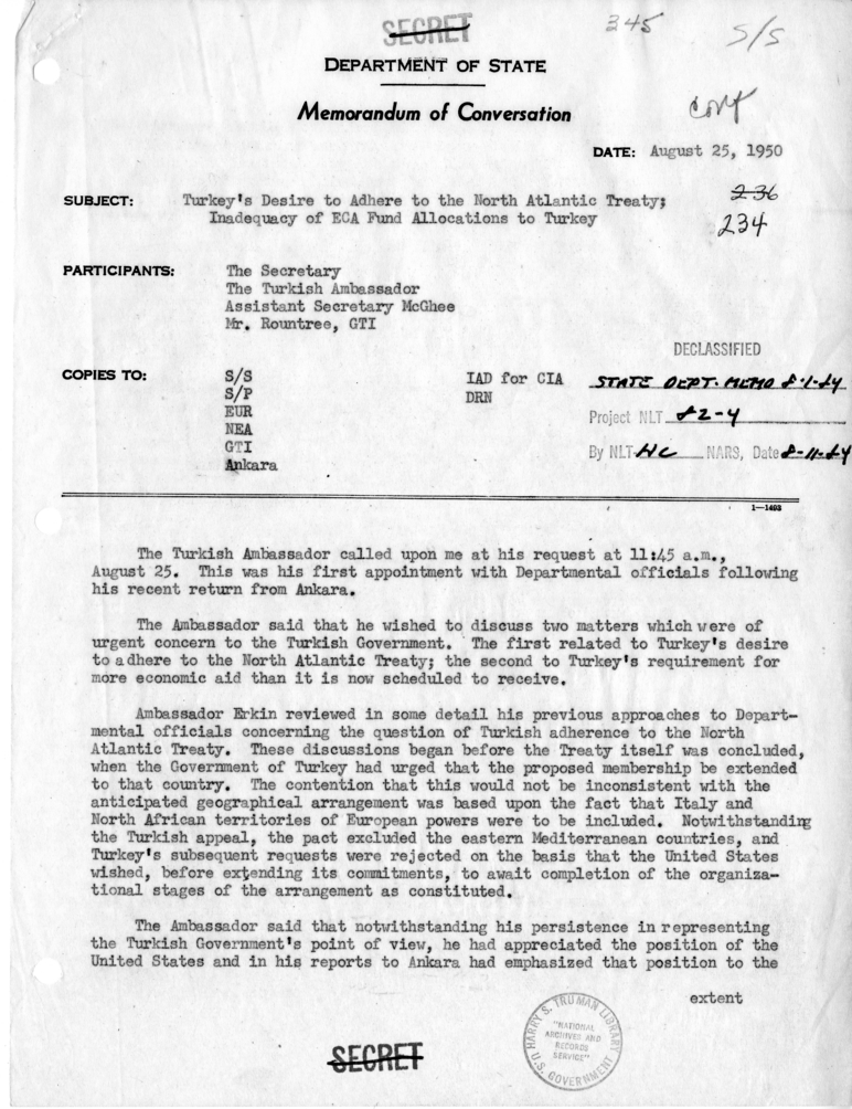 Memorandum of Conversation with the Ambassador of Turkey, Assistant Secretary of State George C. McGhee and William M. Rountree