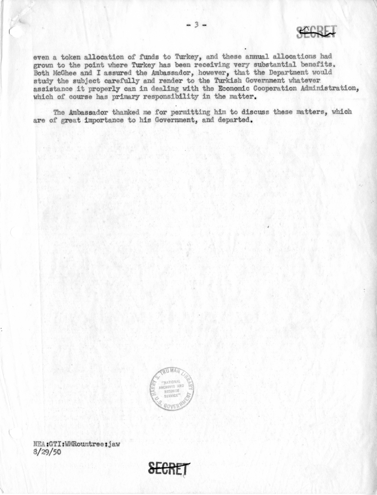 Memorandum of Conversation with the Ambassador of Turkey, Assistant Secretary of State George C. McGhee and William M. Rountree