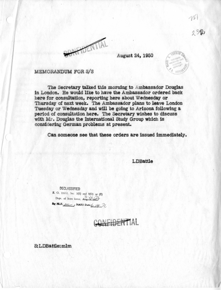 Memorandum of Telephone Conversation with Ambassador Lewis Douglas