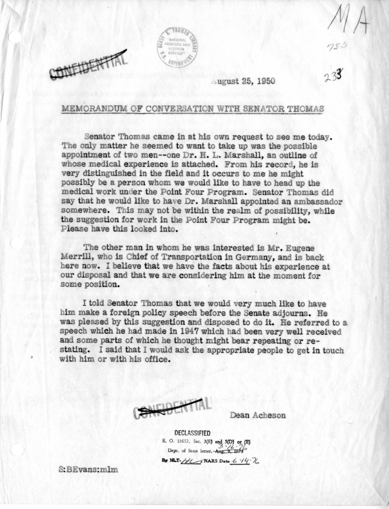 Memorandum of Conversation with Senator Thomas