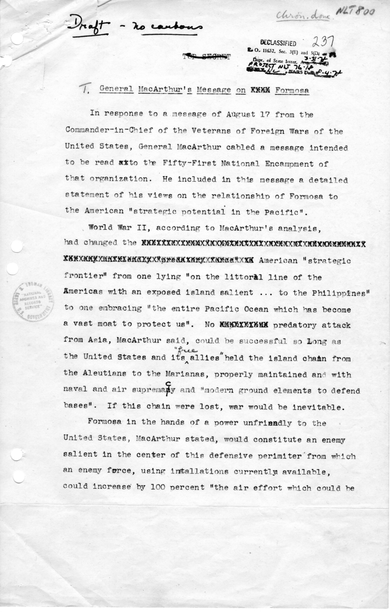 Draft Memorandum, "General MacArthur's Message on Formosa"