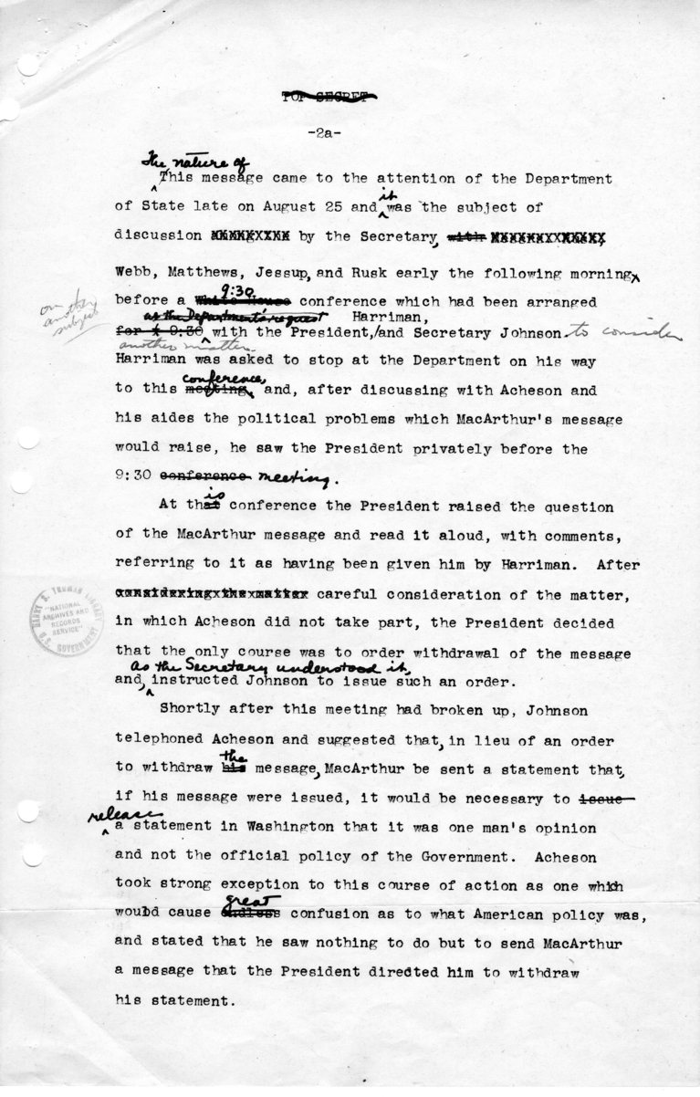 Draft Memorandum, "General MacArthur's Message on Formosa"