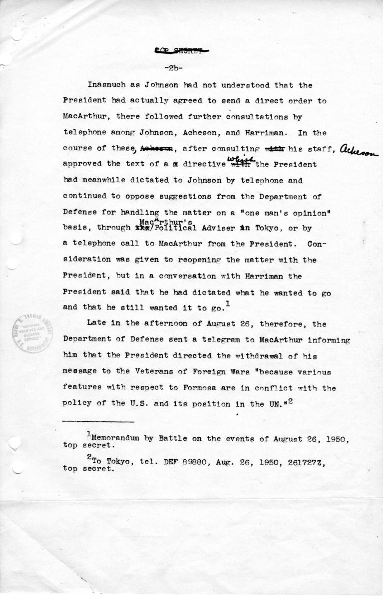 Draft Memorandum, "General MacArthur's Message on Formosa"