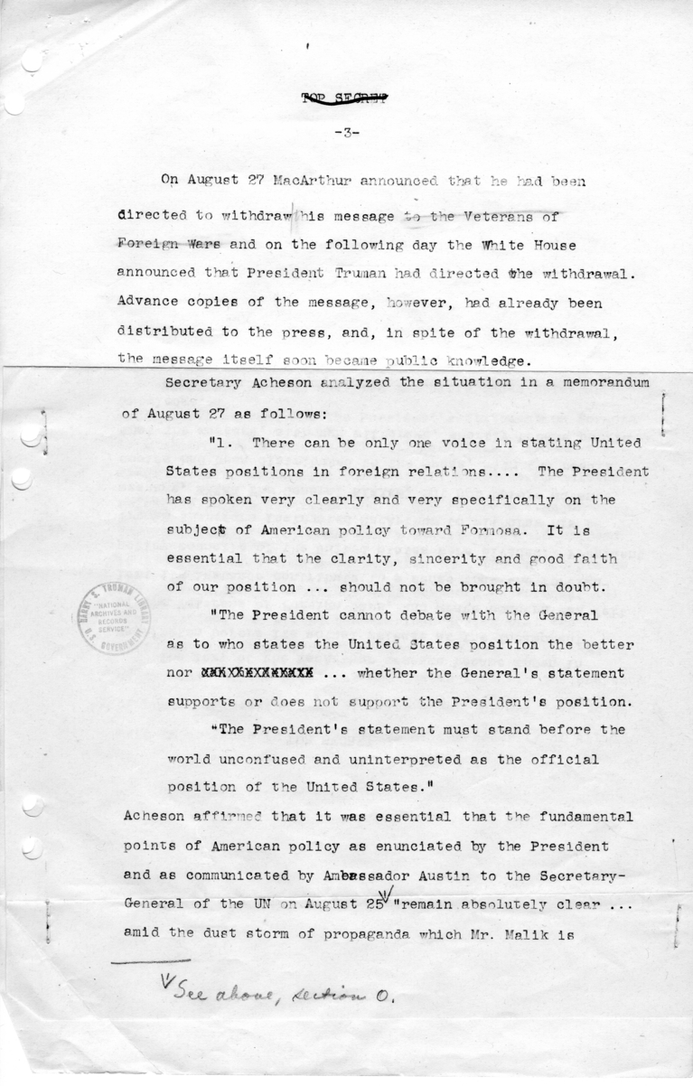 Draft Memorandum, "General MacArthur's Message on Formosa"
