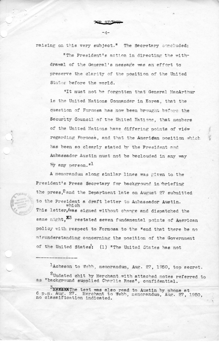 Draft Memorandum, "General MacArthur's Message on Formosa"