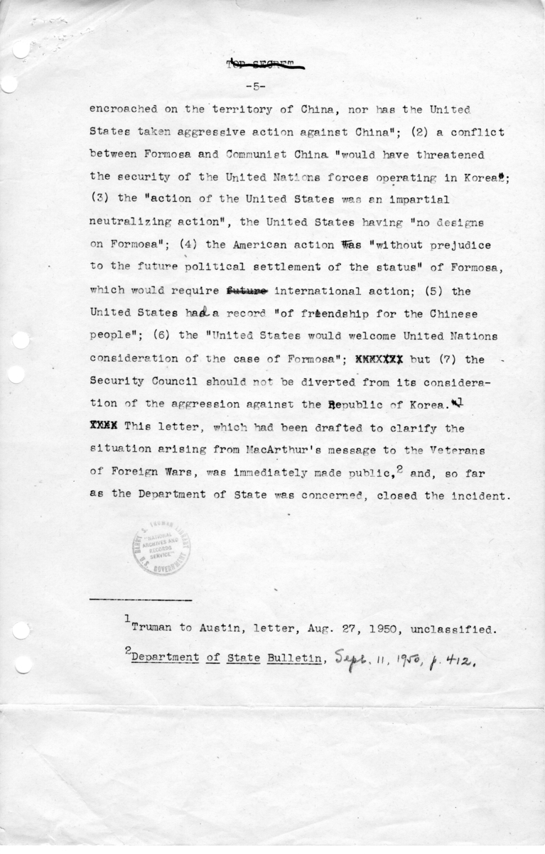 Draft Memorandum, "General MacArthur's Message on Formosa"