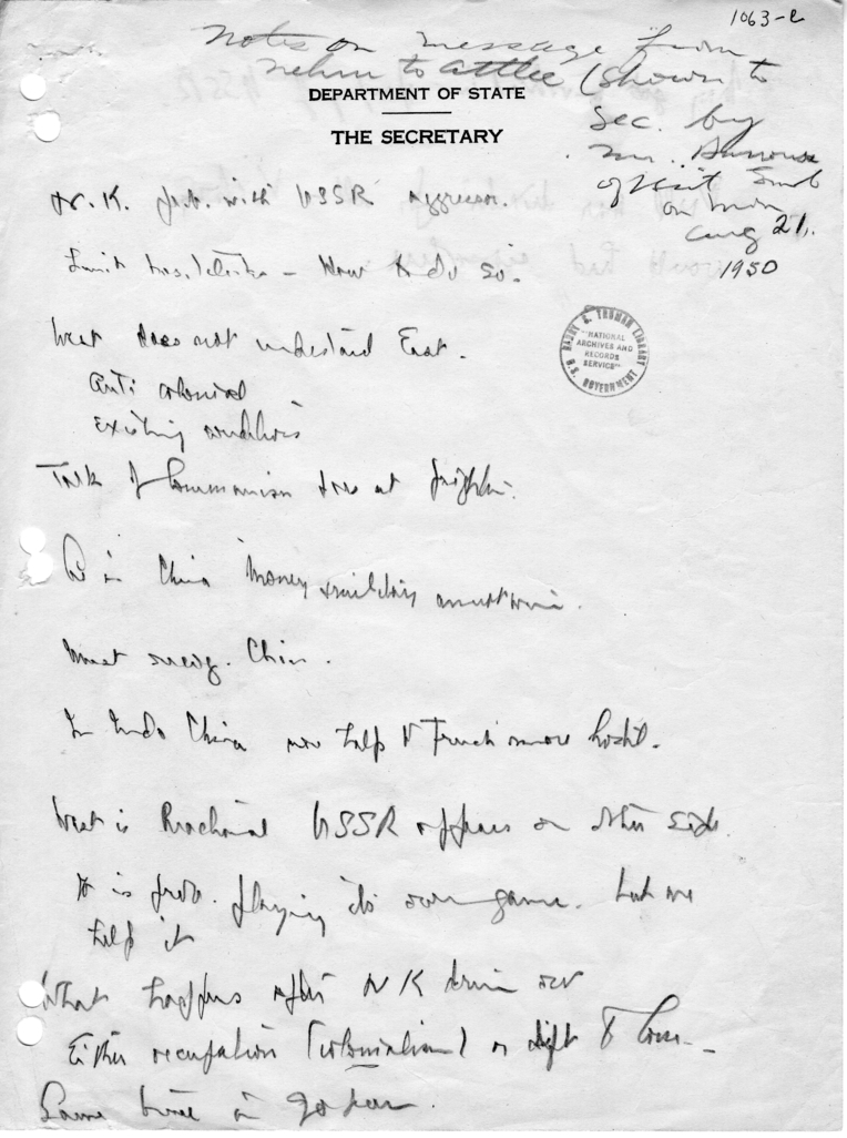 Handwritten Notes by Dean Acheson, with Attached Transcript of a January 23, 1947 Talk by George Kennan Before the National Defense Committee, Chamber of Commerce of the United States
