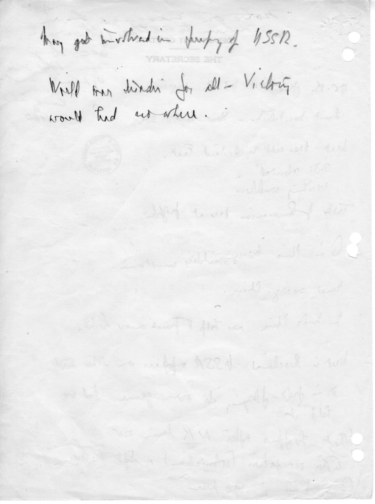 Handwritten Notes by Dean Acheson, with Attached Transcript of a January 23, 1947 Talk by George Kennan Before the National Defense Committee, Chamber of Commerce of the United States
