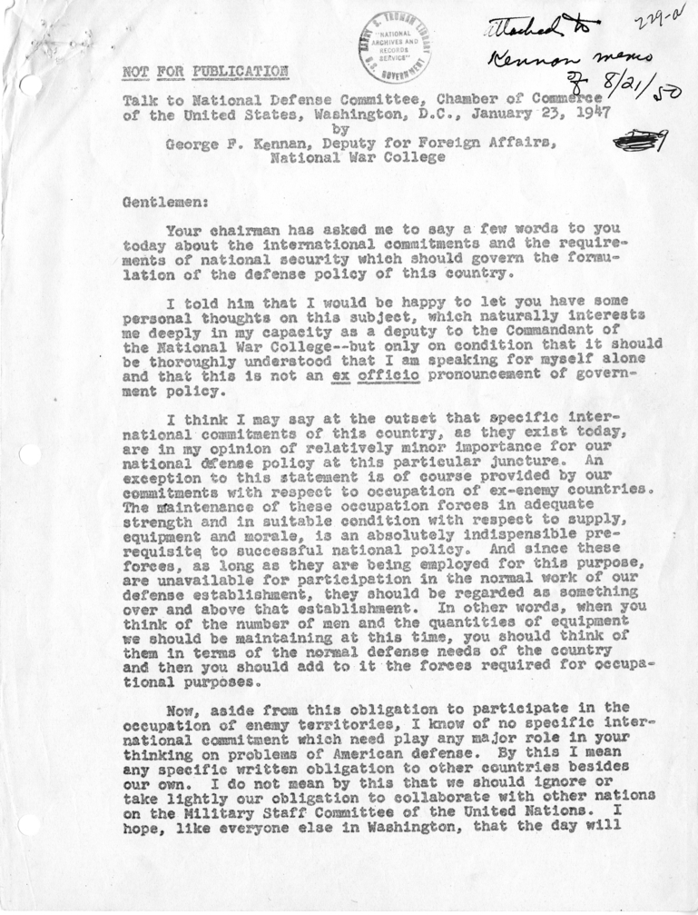 Handwritten Notes by Dean Acheson, with Attached Transcript of a January 23, 1947 Talk by George Kennan Before the National Defense Committee, Chamber of Commerce of the United States