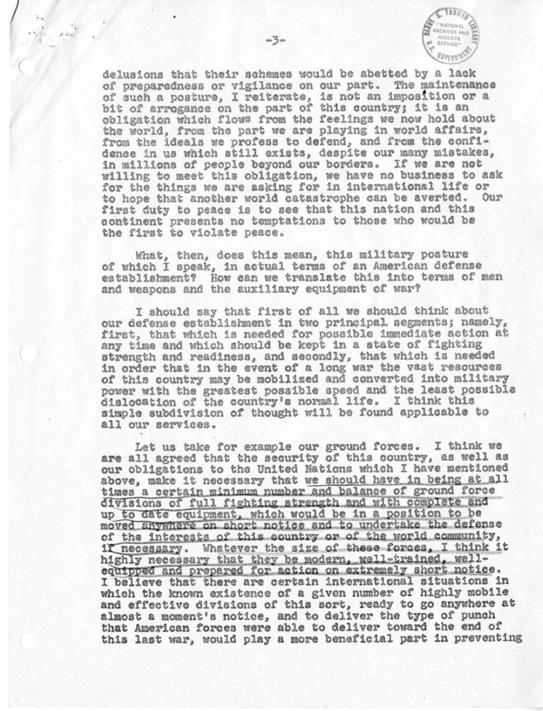 Handwritten Notes by Dean Acheson, with Attached Transcript of a January 23, 1947 Talk by George Kennan Before the National Defense Committee, Chamber of Commerce of the United States