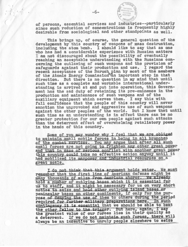 Handwritten Notes by Dean Acheson, with Attached Transcript of a January 23, 1947 Talk by George Kennan Before the National Defense Committee, Chamber of Commerce of the United States