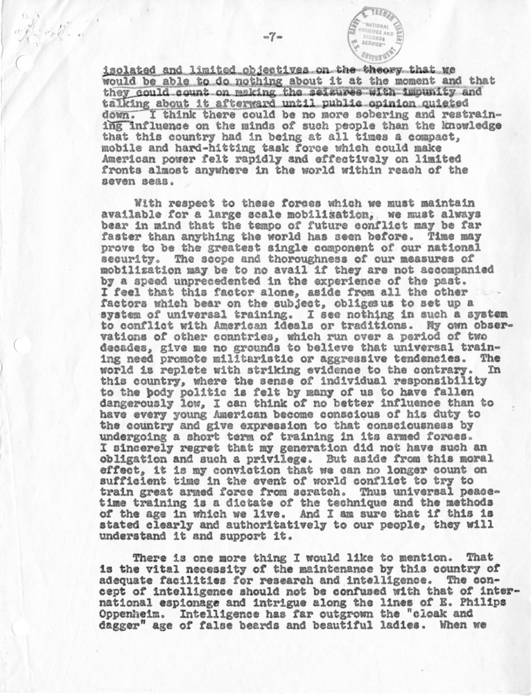 Handwritten Notes by Dean Acheson, with Attached Transcript of a January 23, 1947 Talk by George Kennan Before the National Defense Committee, Chamber of Commerce of the United States