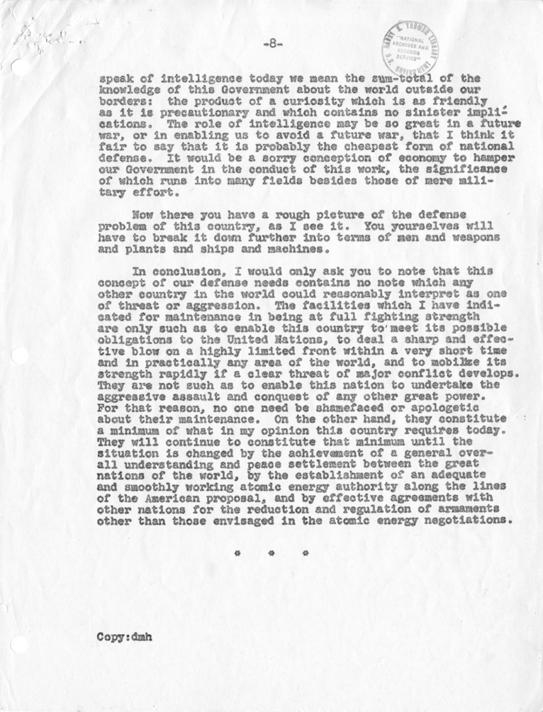 Handwritten Notes by Dean Acheson, with Attached Transcript of a January 23, 1947 Talk by George Kennan Before the National Defense Committee, Chamber of Commerce of the United States