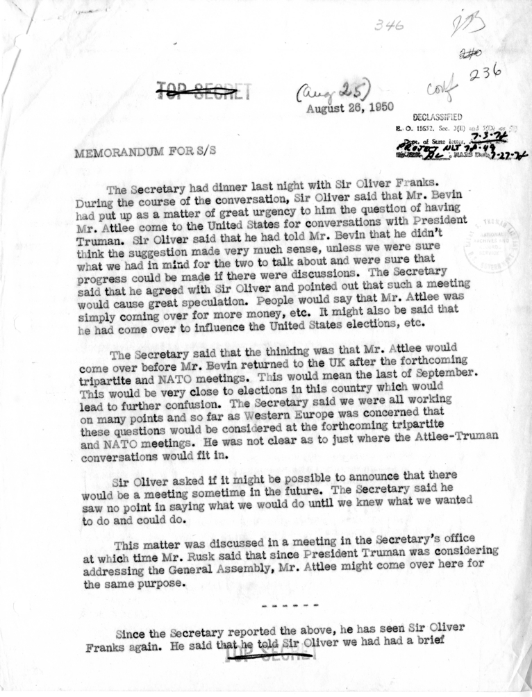 Memorandum of Conversation with Ambassador Sir Oliver Franks of Great Britain