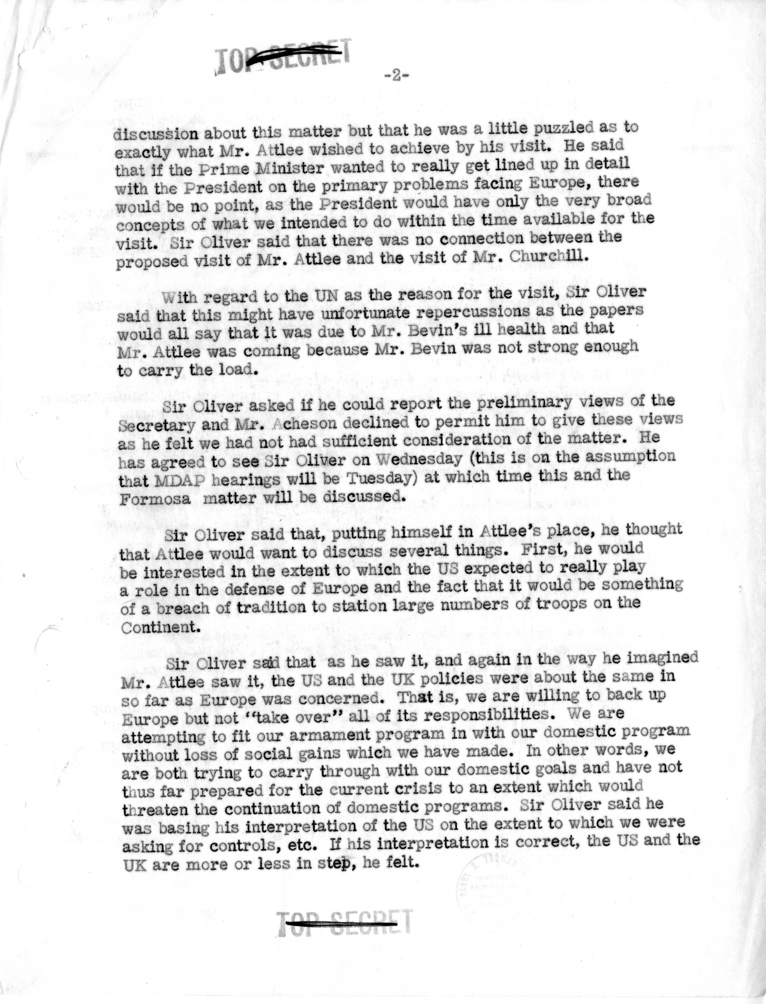 Memorandum of Conversation with Ambassador Sir Oliver Franks of Great Britain