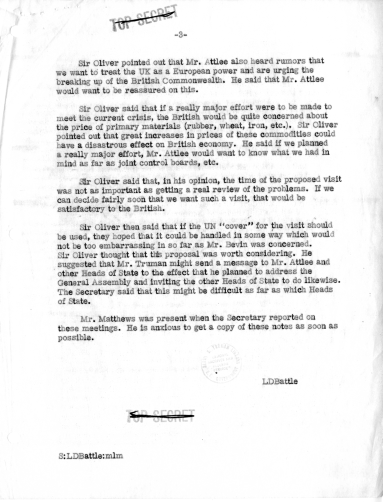 Memorandum of Conversation with Ambassador Sir Oliver Franks of Great Britain
