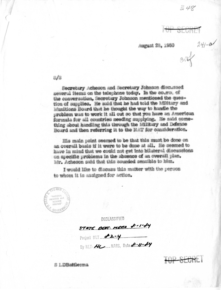 Memorandum of Telephone Conversation with Secretary of Defense Louis Johnson