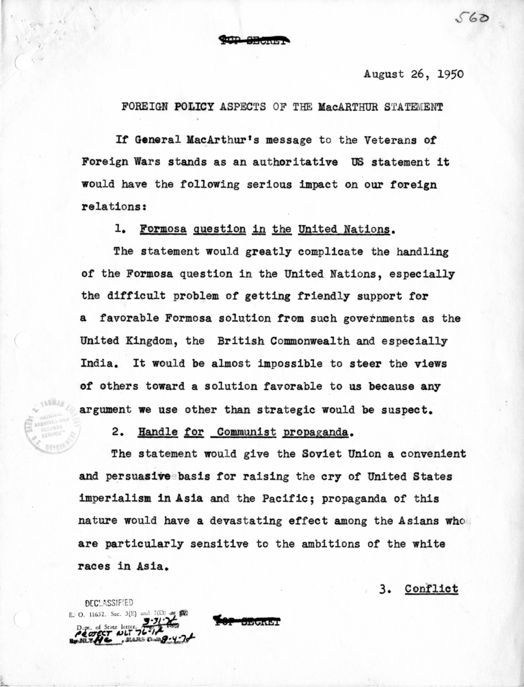 Memorandum, "Foreign Policy Aspects of the MacArthur Statement"