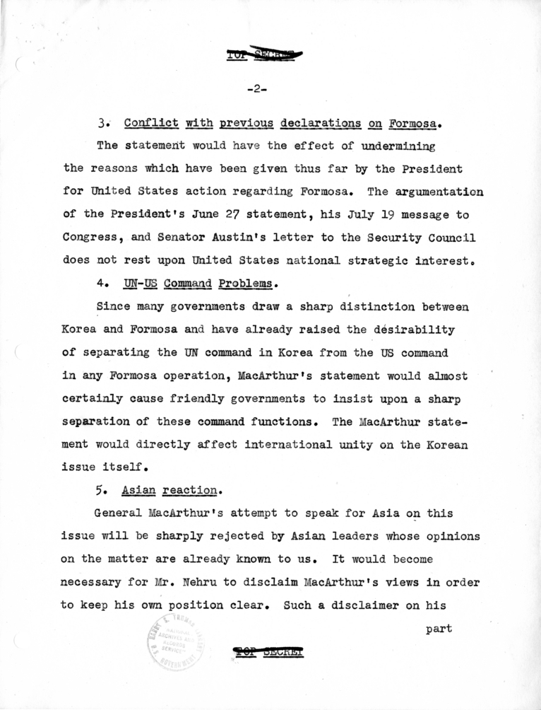 Memorandum, "Foreign Policy Aspects of the MacArthur Statement"