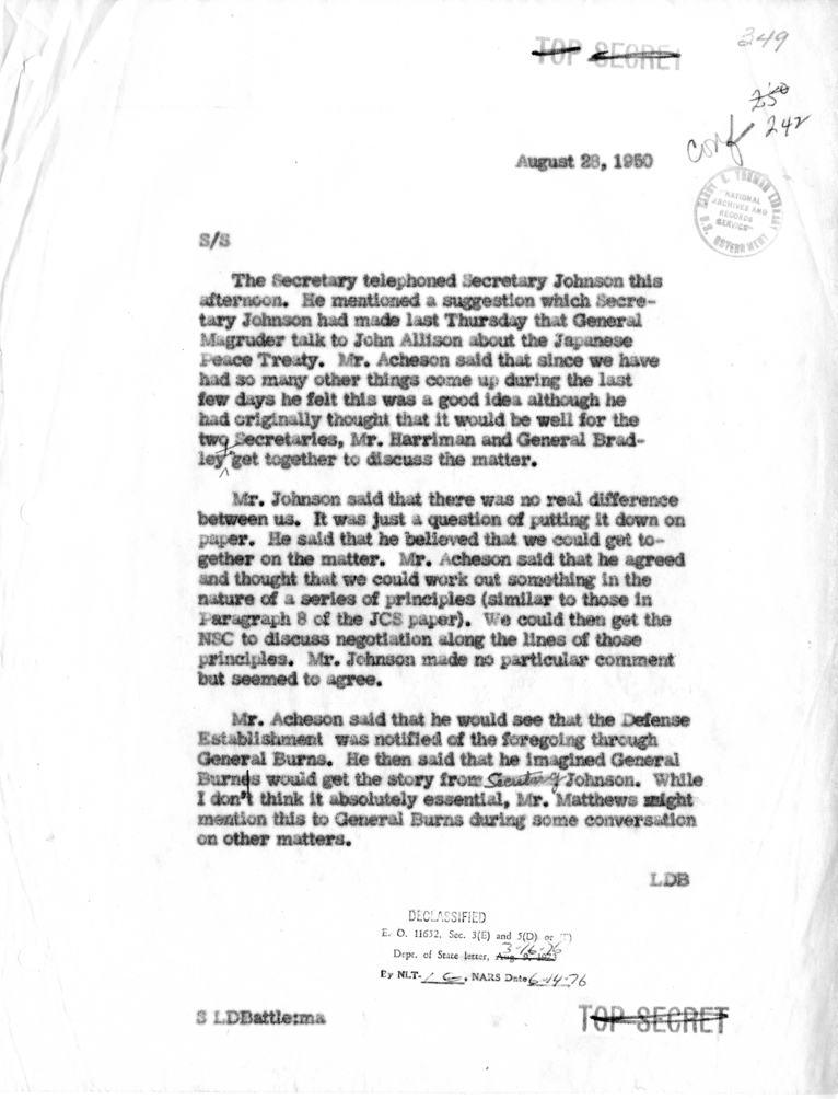 Memorandum of Telephone Conversation with Secretary of Defense Louis Johnson