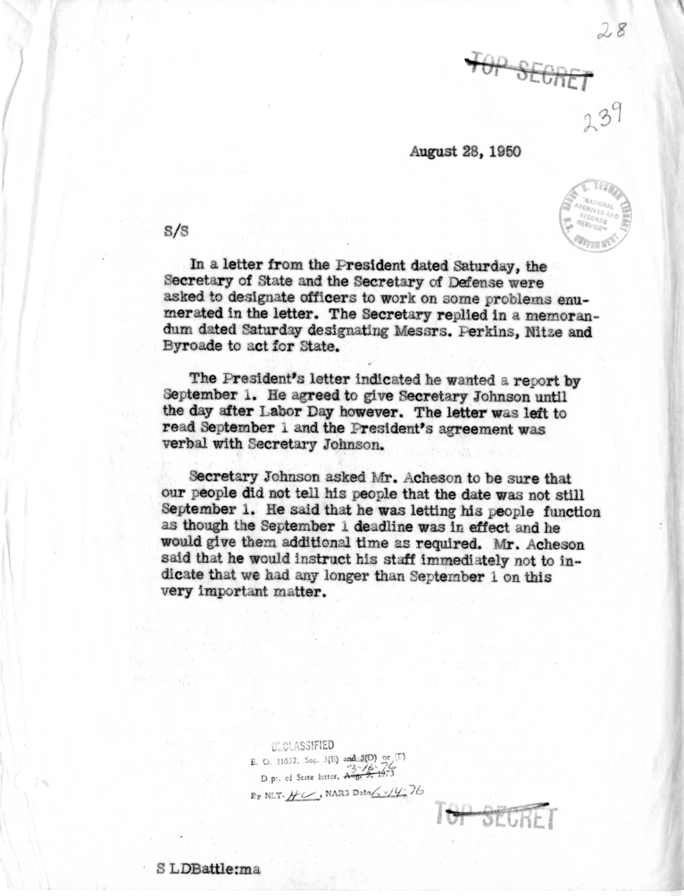 Memorandum Regarding Letter to the Secretary of State and Secretary of Defense