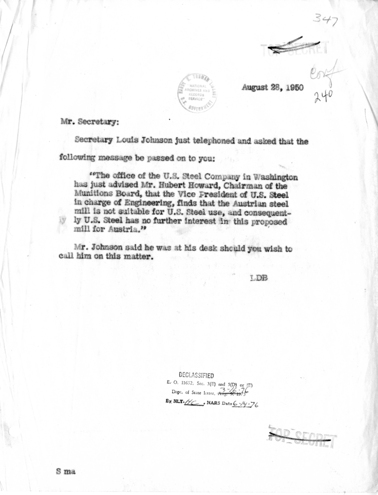Memorandum of Telephone Message from Secretary of Defense Louis Johnson