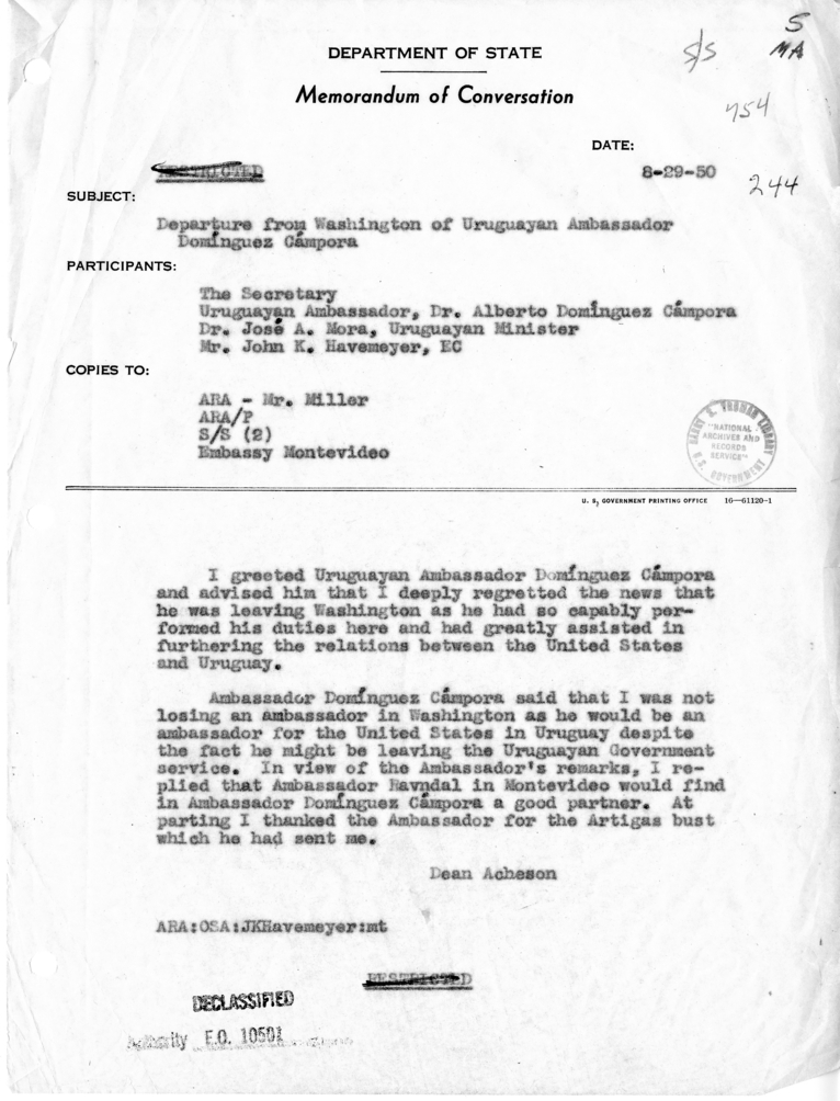 Memorandum of Conversation with the Ambassador of Uruguay, Alberto Dominguez Campora; a Minister of Uruguay, Jose A. Mora; and John K. Havemeyer