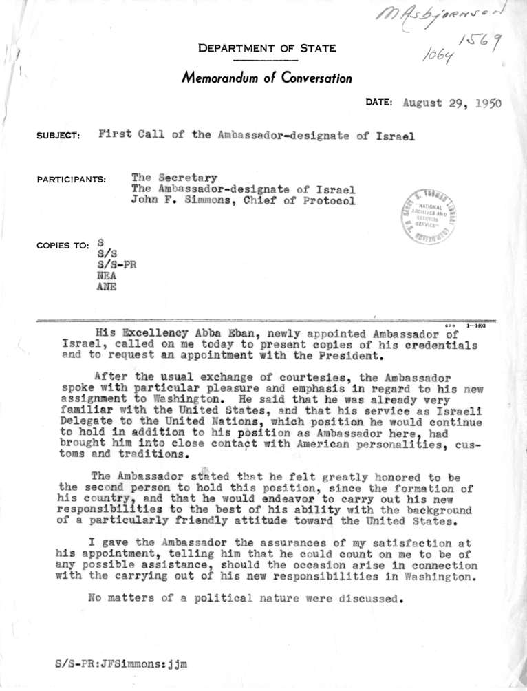 Memorandum of Conversation with the Ambassador of Israel, Abba Eban