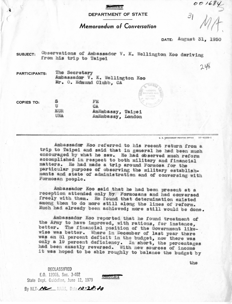 Memorandum of Conversation with Ambassador V. K. Wellington Koo and O. Edmund Clubb