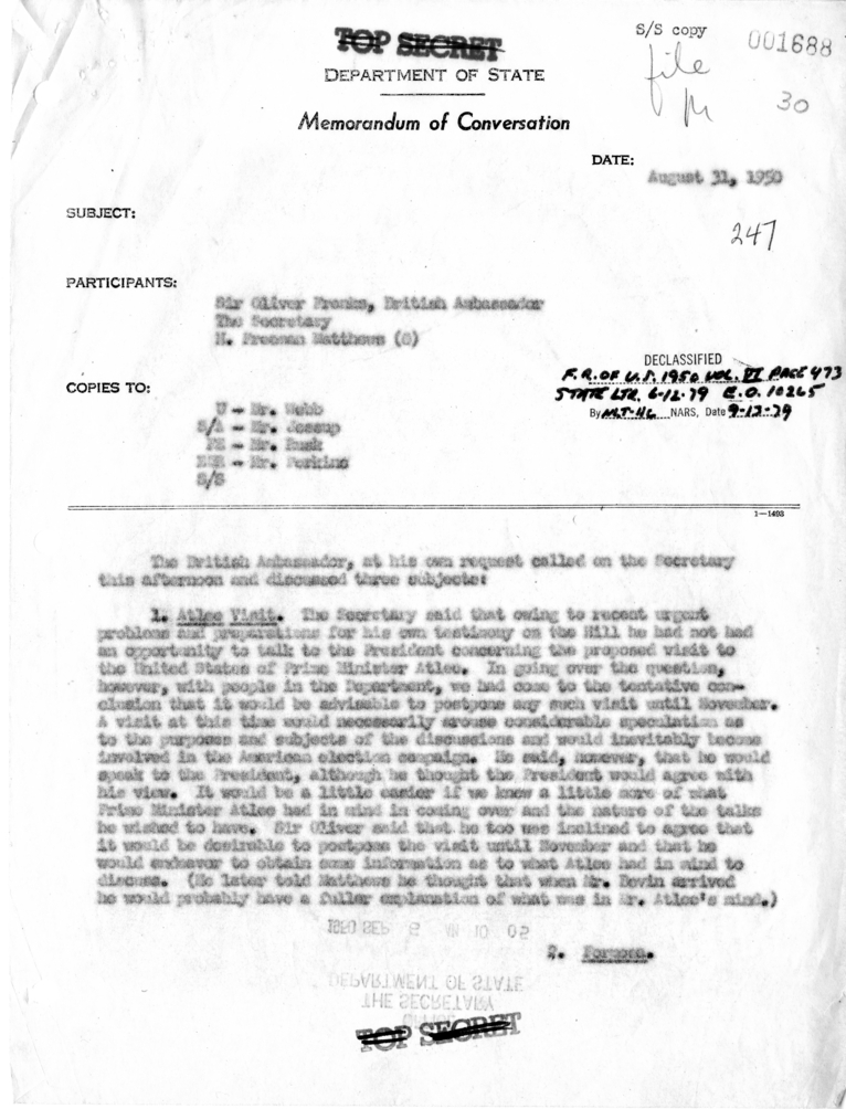 Memorandum of Conversation with the Ambassador of Great Britian, Sir Oliver Franks, and H. Freeman Matthews