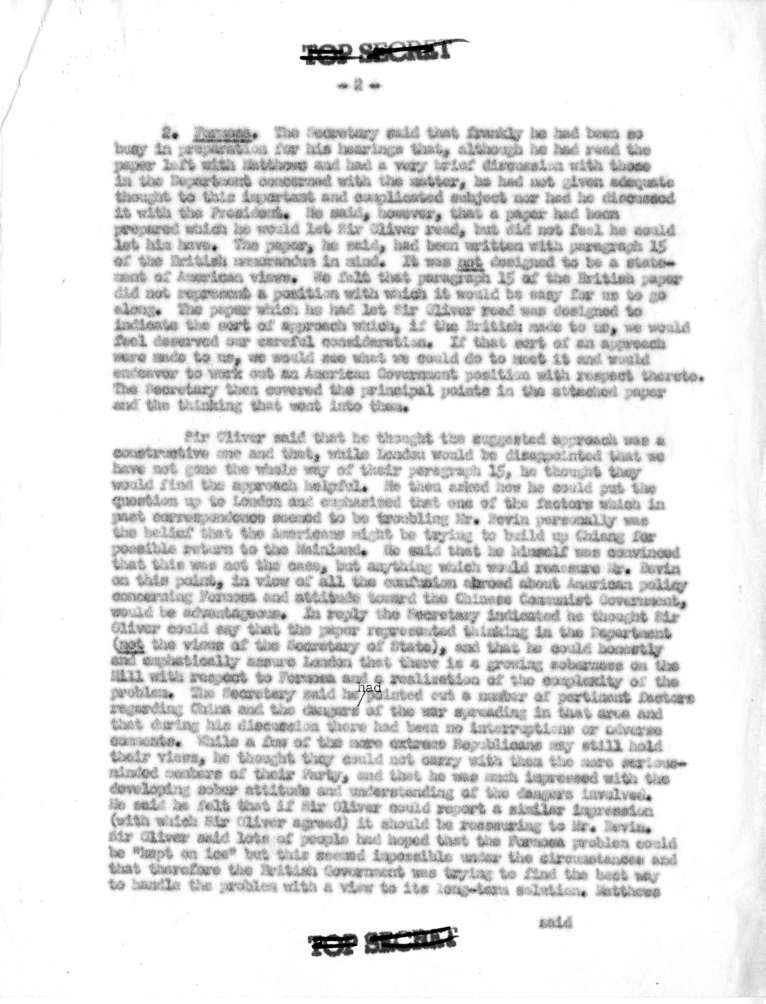 Memorandum of Conversation with the Ambassador of Great Britian, Sir Oliver Franks, and H. Freeman Matthews