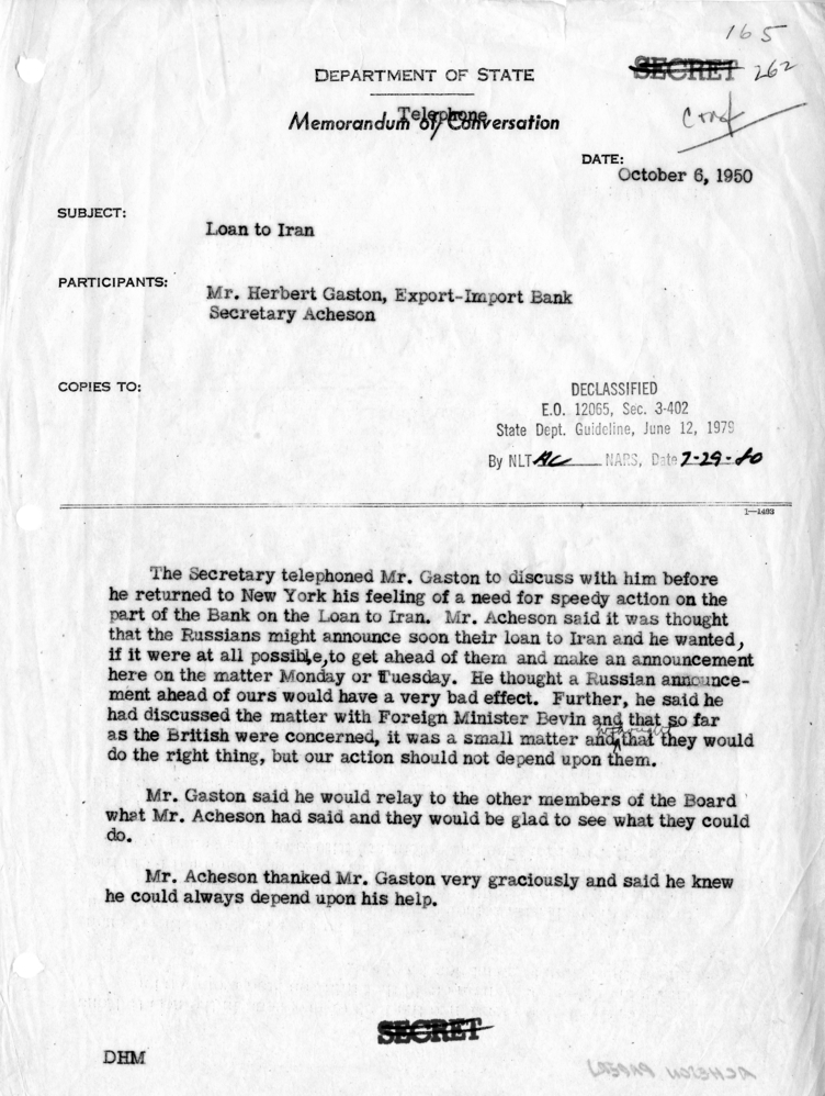 Memorandum of Telephone Conversation with Mr. Herbert Gaston, Export-Import Bank